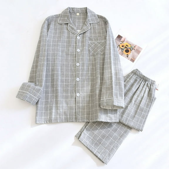 DJDLJWCJ Mens Pajamas Set Plaid Men Two Piece Loose Fit Button Long Sleeve Soft Shirt and Elastic Waist Lounge Pants Sleepwear Pants Gray M