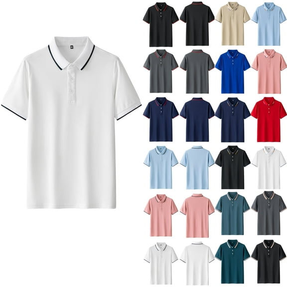 DJDLJWCJ Mens Pique polo Tee Shirts, Summer Fashion Solid Short Sleeve Lapel Shirt B Blue L