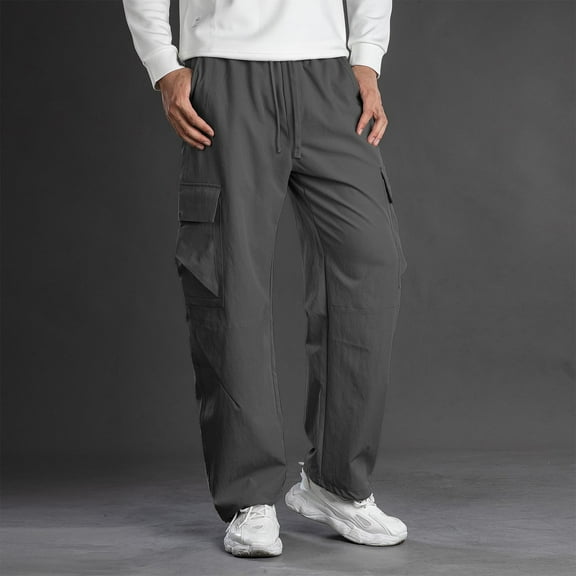 DJDLJWCJ Mens Sweatpants Elastic Waist Drawstring Baggy Pants for Men Solid Straight Multi-pocket Outdoor Hiking Bottom Open Sweatpants Dark Gray L