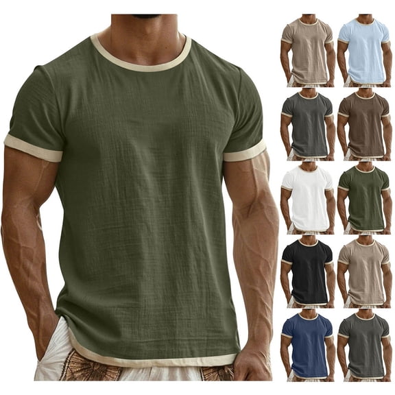 DJDLJWCJ Mens T Shirts Cotton Linen Crewneck Tee Shirt Men Short Sleeve Shirts Lightweight Breathable Casual Tops, Green M