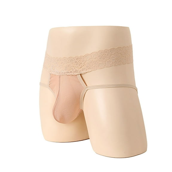 DJDLJWCJ Mens Thongs Underwear G-String Mid Waist Lace Stretch, Underpants Beige XL