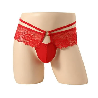 DJDLJWCJ Mens Thongs Underwear G-String Mid Waist Lace Stretch, Underpants Red Free Size