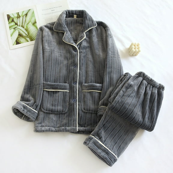 DJDLJWCJ Pajama Set for Men Fleece Lined Long Sleeve Button Shirt and Elastic Waist Long Pants Sleepwear Pants A Gray XL