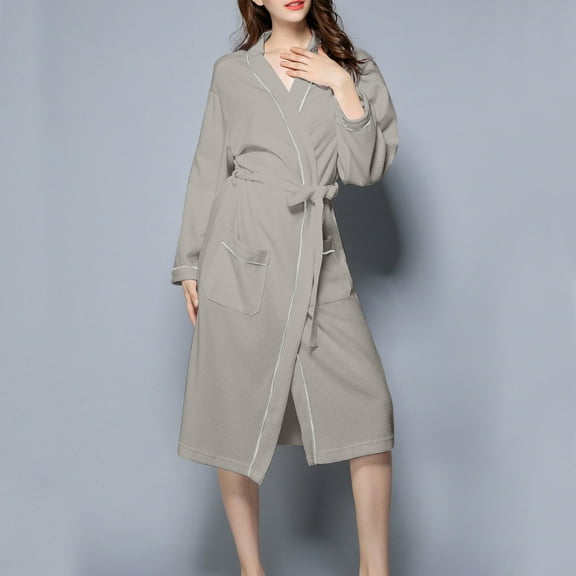 DJDLJWCJ Robe for Women Bathrobe Long Sleeve Solid Warm Solid Soft Casual Homewear, Pajamas Loungewear Gray S