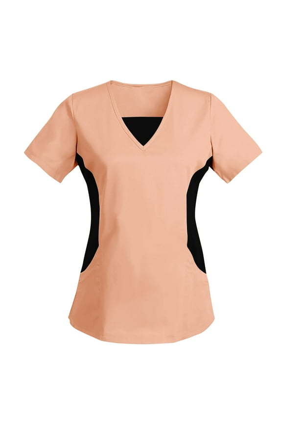 Scrub Tops for Women Color Block V-Neck Short Sleeve Caregiver Tops Working Uniform Blouse Nurse Uniform Rose Gold XL