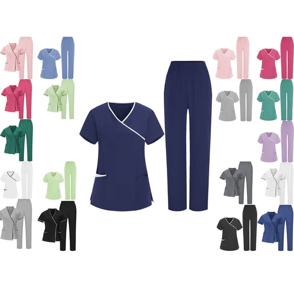 DJDLJWCJ Scrubs for Women 2 Piece Sets V-Neck Short Sleeve Caregiver Tops Comfy Elastic Waist Straight Leg Long Pants Nurse Uniform Dark Gray S