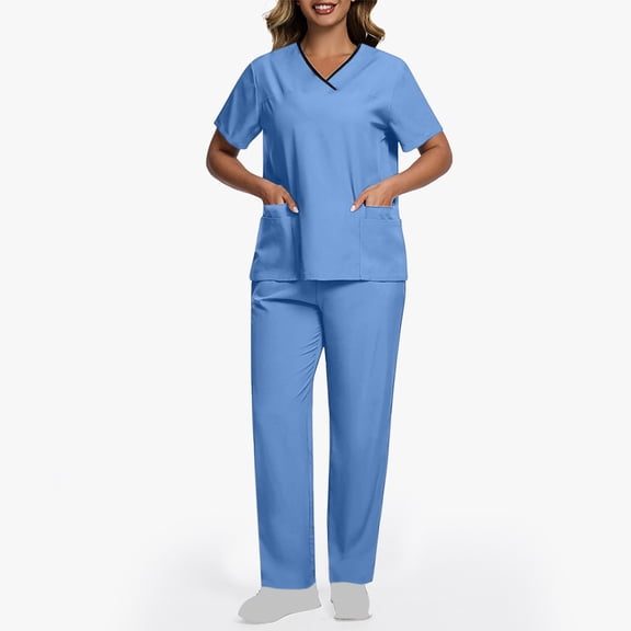 DJDLJWCJ Scrubs for Women 2 Piece Sets V-Neck Short Sleeve Caregiver Tops Elastic Waist Solid Long Pants Nurse Uniform Light Blue 2XL