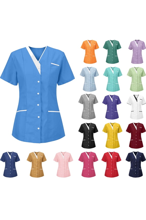 Scrubs for Women Nurses Button Up V-Neck Short Sleeve Caregiver Tops Comfy Plus Size Doctor Workwear Yellow