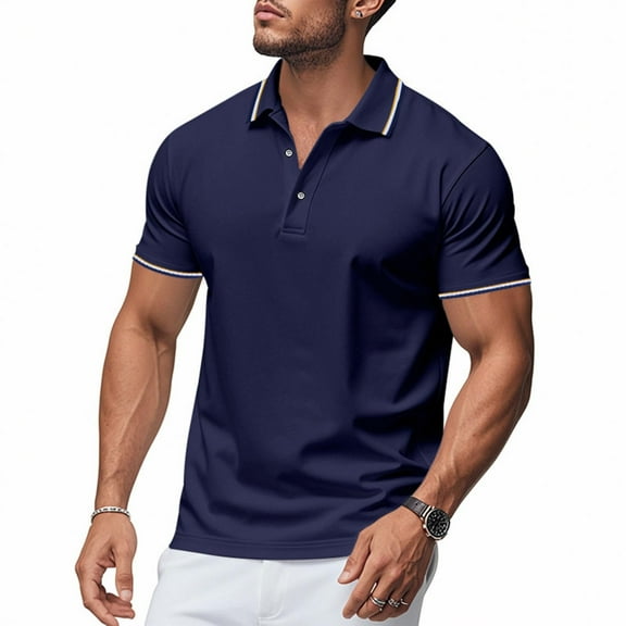 DJDLJWCJ Short Sleeve Shirts for Men with Pocket, Summer Lapel Mesh Tee Solid Casual Muscle Shirt Navy 2XL