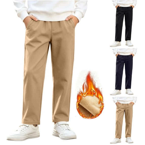 DJDLJWCJ Teen Boys Fleece Lined Casual Pants Winter Warm Straight Leg Casual Pants Side Pocket Solid School Uniform Pants Dark Blue Size 11