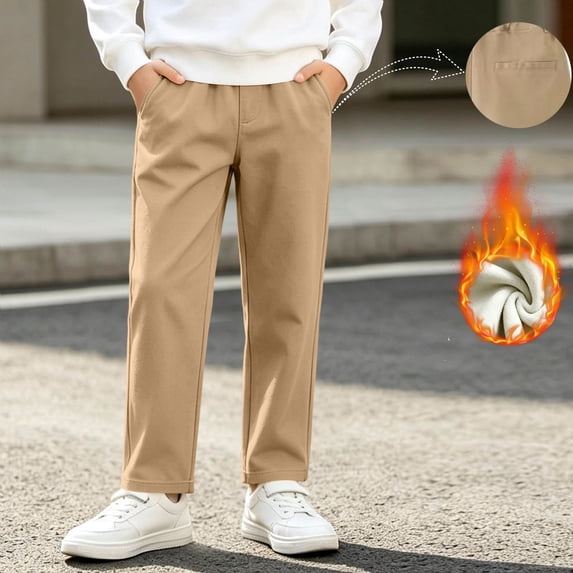 DJDLJWCJ Teen Boys Fleece Lined Pants Winter Warm Straight Leg Casual Pants Side Pocket Solid School Uniform Pants Khaki Size 5T