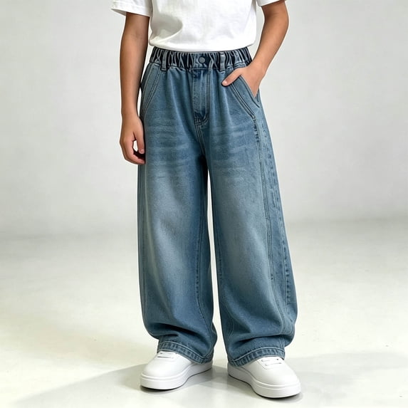 DJDLJWCJ Teen Boys Jeans Pants Drawstring Wide Leg Elastic Waist Cargo Pants Relaxed Fit Straight Leg Casual Pants A Blue Size 9