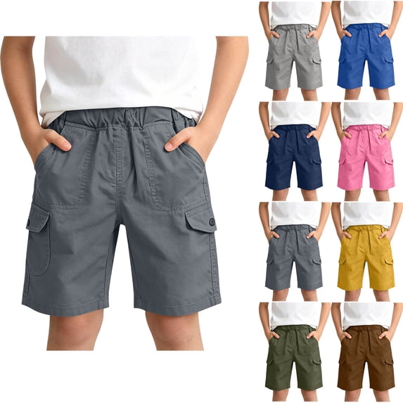 DJDLJWCJ Teen Boys School Uniform Shorts Elastic Waist Flat Front Athletic Shorts Solid Color Side Pocket Summer Shorts Dark Gray Size 5