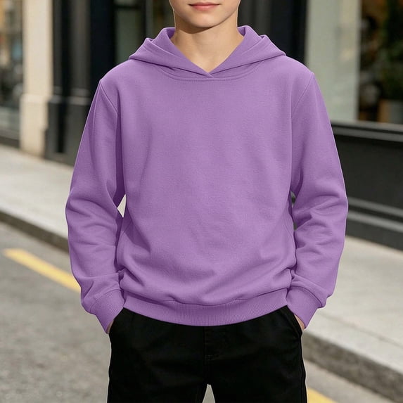 DJDLJWCJ Teen Boys Solid Color Hoodie (1-15) Lightweight Long Sleeve Pullover Sweatshirt for Boys Stretch Soft Comfy School Sweatshirts Purple Size 14