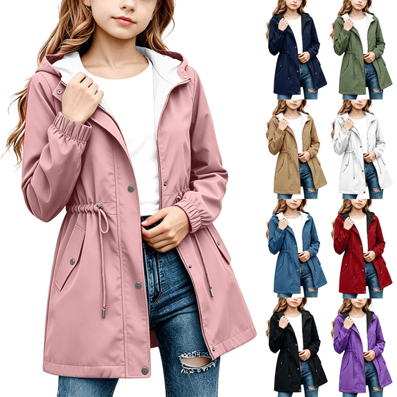 DJDLJWCJ Teen Girls Mid Length Windbreaker Water Resistant Solid Color Zip Up Hooded Jacket for Outdoor Hiking Army Green Size 13