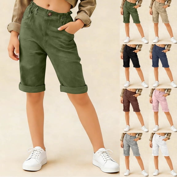 DJDLJWCJ Teen Girls School Uniform Shorts 14-16 Stretch Soft Solid Color Linen Shorts Summer Lightweight Athletic Pants Black Size 7