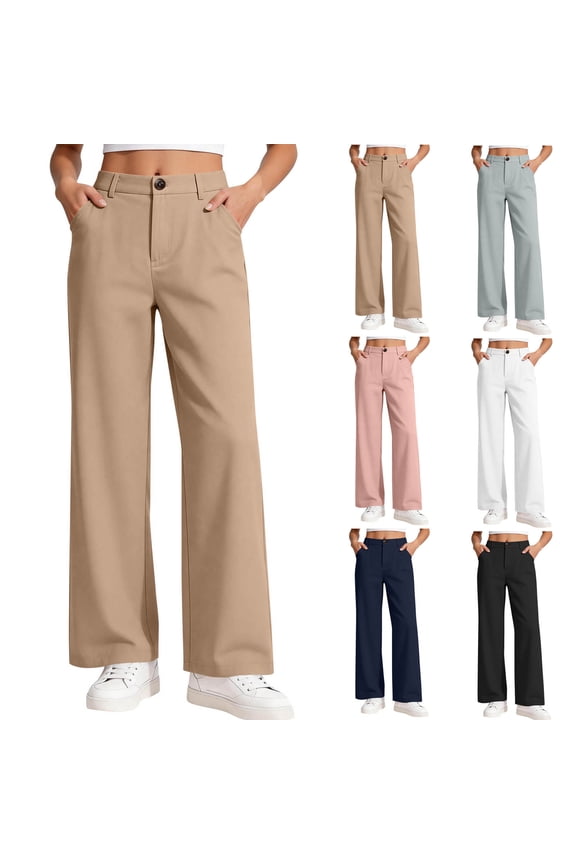 Teen Girls School Uniform Suit Pants Flat Front Pull-On Dress Pants with Pocket Solid Color Stretch Straight Pants Black Size 12