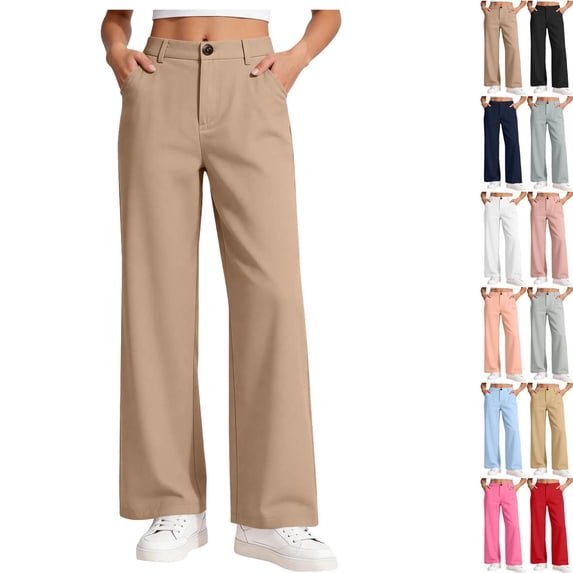 DJDLJWCJ Teen Girls School Uniform Suit Pants Flat Front Pull-On Dress Pants with Pocket Solid Color Stretch Straight Pants Khaki Size 5