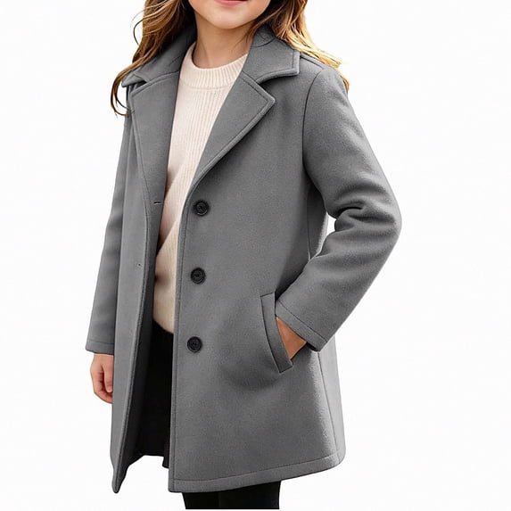 DJDLJWCJ Teen Girls Winter Wool Blend Coat Single Breasted Mid Length Trench Coat Kids Casual Outerwear Overcoat Gray Size 12