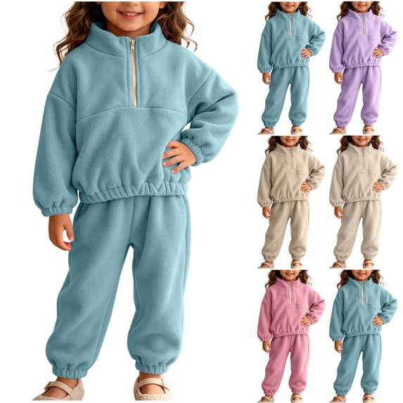 DJDLJWCJ Toddler Girls 2 Piece Fleece Lined Outfit Set Quarter Zip Stand Collar Sweatshirt with Elastic Waist Jogger Pants Blue Size 6-9M