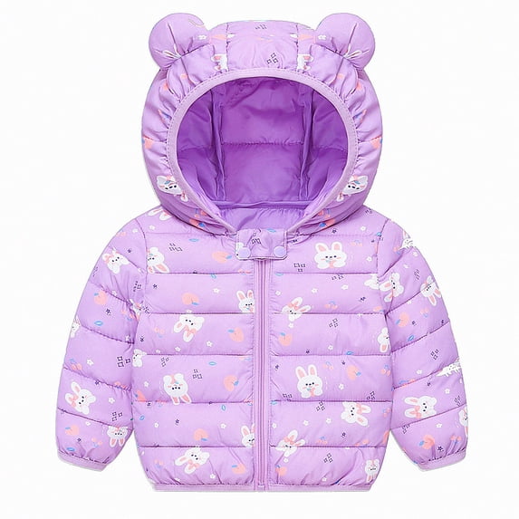 DJDLJWCJ Unisex Baby Toddler Bear Ear Hooded Puffer Coat Kids Winter Thick Warm Printed Jacket, Infant Boys Girls Zip Up Outerwear Purple Size 2T