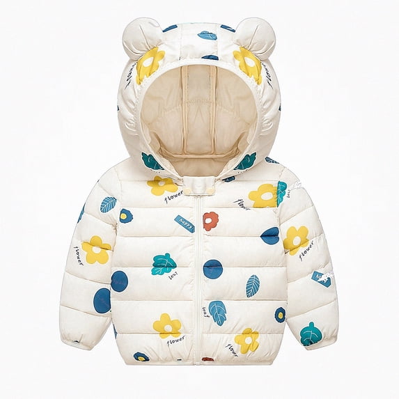 DJDLJWCJ Unisex Baby Toddler Bear Ear Hooded Puffer Coat Kids Winter Thick Warm Printed Jacket, Infant Boys Girls Zip Up Outerwear White Size 2T