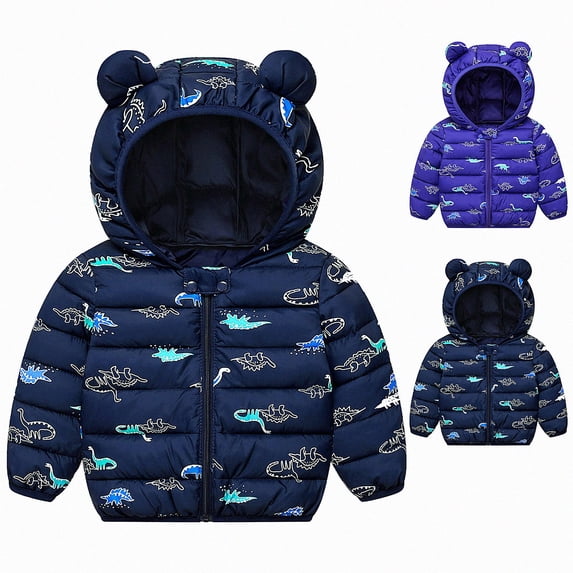 DJDLJWCJ Unisex Baby Toddler Hooded Puffer Coat with Bear Ear Kids Winter Thick Warm Printed Jacket, Infant Boys Girls Zip Up Outerwear Navy Size 12M