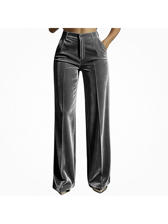 Wide Leg Pants for Women Fleece Lined Pull On Pants High Wiast Stretchy Button Down Pants with Side Pocket Gray Size 3XL