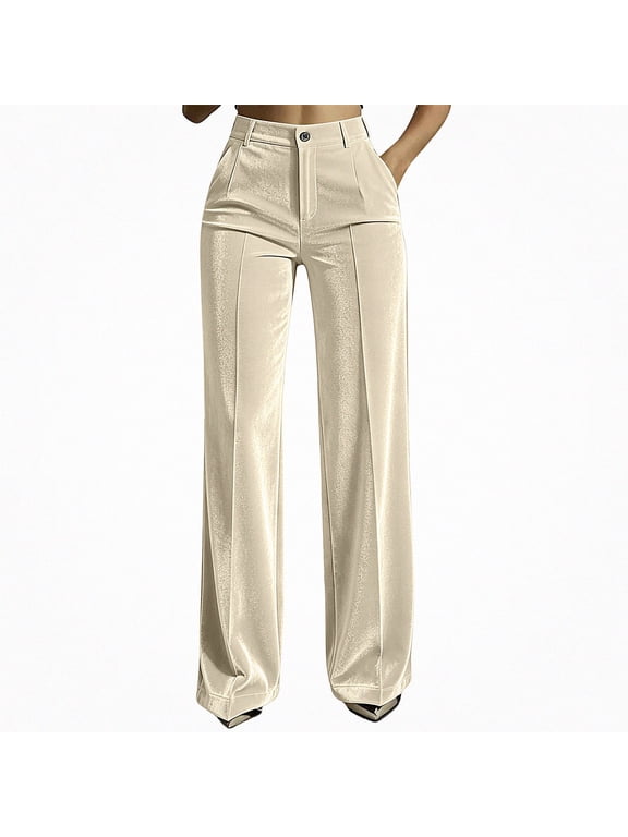 Wide Leg Pants for Women Fleece Lined Pull On Pants High Wiast Stretchy Button Down Pants with Side Pocket Khaki Size XL