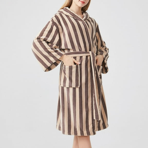 DJDLJWCJ Women Daily Wear Robes Casual Solid Stripe Comfort with Belt Fashion Womens Robes, Pajamas Loungewear Brown Free Size