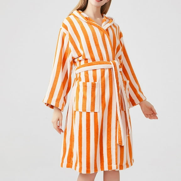 DJDLJWCJ Women Daily Wear Robes Casual Solid Stripe Comfort with Belt Fashion Womens Robes, Pajamas Loungewear Orange Free Size