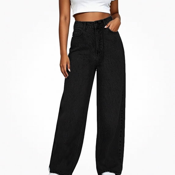 DJDLJWCJ Women Pull On Denim Jeans High Waist Straight Leg Baggy Pants Loose Fit Straight Casual Long Trousers Black Size M