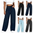 thumbnail image 1 of DJDLJWCJ Women Pull On Denim Jeans High Waist Straight Leg Baggy Pants Loose Fit Straight Casual Long Trousers Dark Blue Size XXS, 1 of 5