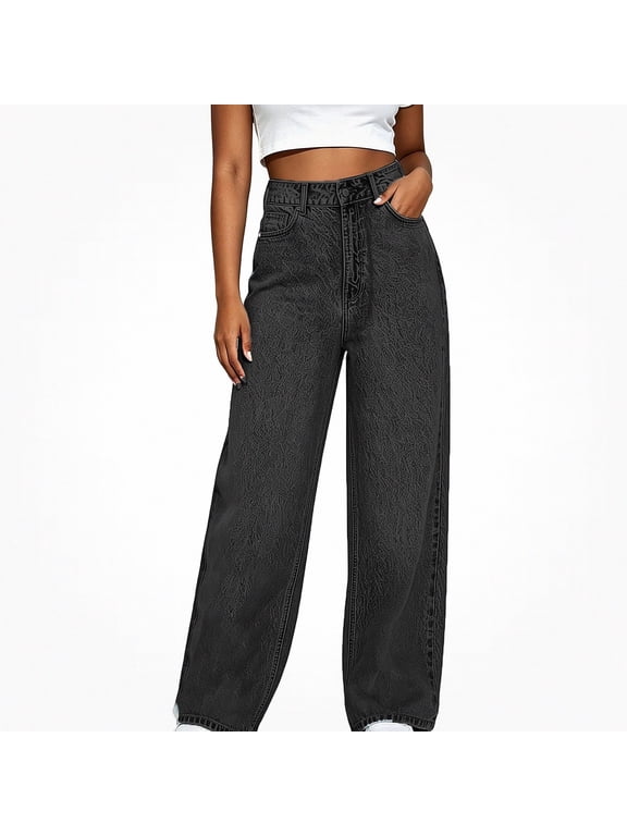 Women Pull On Denim Jeans High Waist Straight Leg Baggy Pants Loose Fit Straight Casual Long Trousers Gray Size XXS