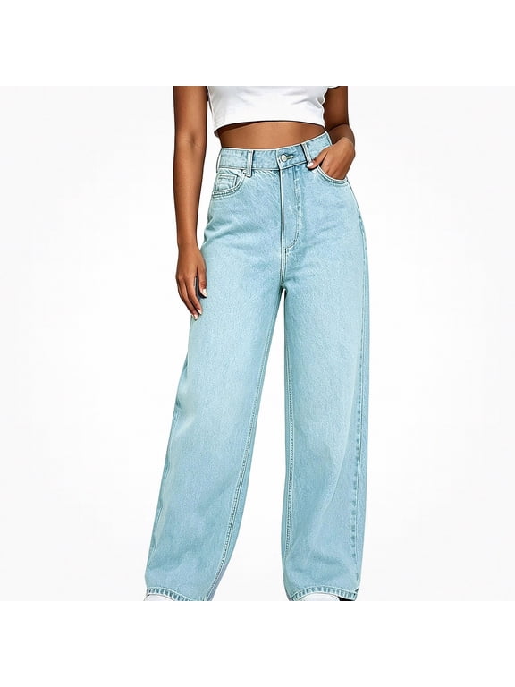 Women Pull On Denim Jeans High Waist Straight Leg Baggy Pants Loose Fit Straight Casual Long Trousers Light Blue Size XL