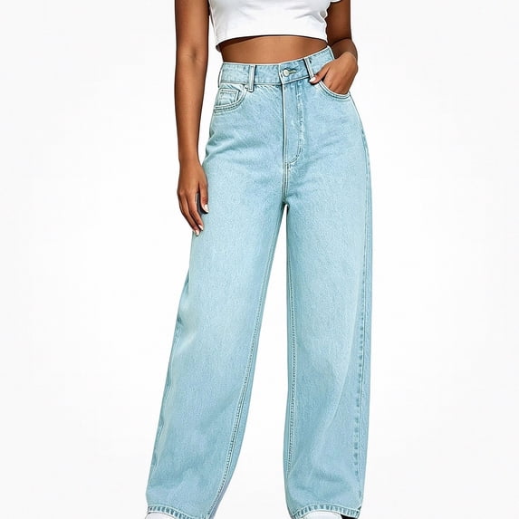 DJDLJWCJ Women Pull On Denim Jeans High Waist Straight Leg Baggy Pants Loose Fit Straight Casual Long Trousers Light Blue Size XXS
