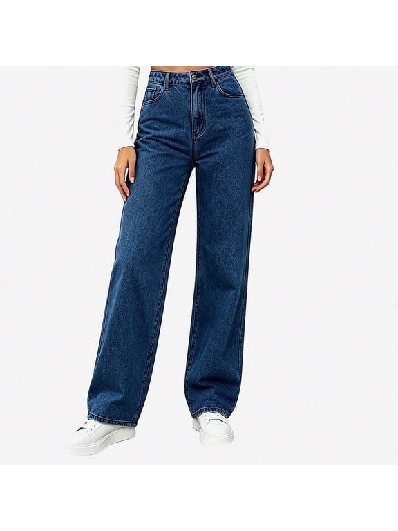 Women Pull On Denim Jeans High Wiast Wide Leg Baggy Pants Plus Size Stretchy Casual Trousers Dark Blue Size XL