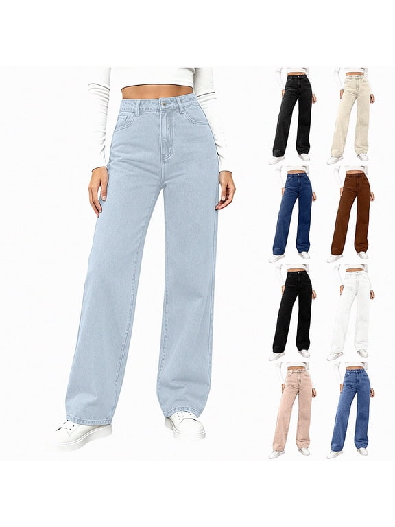 Women Pull On Denim Jeans High Wiast Wide Leg Baggy Pants Plus Size Stretchy Casual Trousers Light Blue Size S