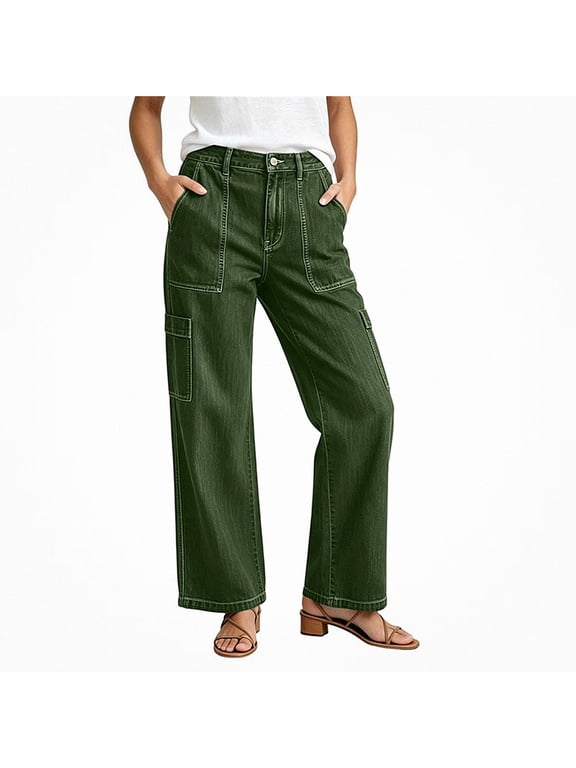 Women Pull On Denim Jeans Stripe Wide Leg High Waist Pull On Pants Loose Fit Straight Casual Trousers Army Green Size S