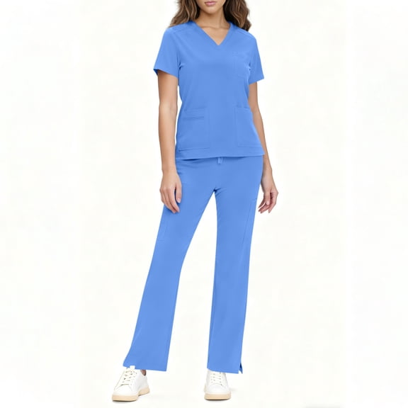 DJDLJWCJ Women Scrub Sets 2 Pieces Solid V-Neck Short Sleeve Caregiver Tops Comfy Drawstring Elastic Waist Long Pants Nurse Uniform Light Blue L