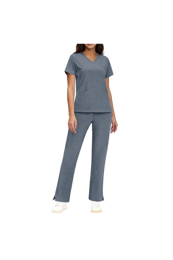 Women Scrub Sets 2 Pieces V-Neck Short Sleeve Tops and Long Pants Nurse Uniform Caregiver Doctor Workwear Gray S
