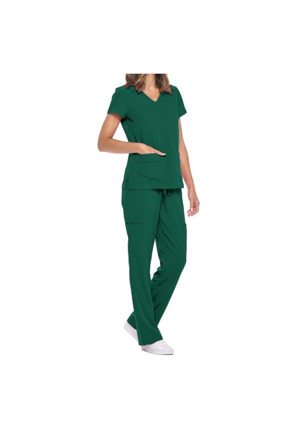 Women Scrub Sets 2 Pieces V-Neck Short Sleeve Tops and Long Pants Nurse Uniform Caregiver Doctor Workwear Green XL