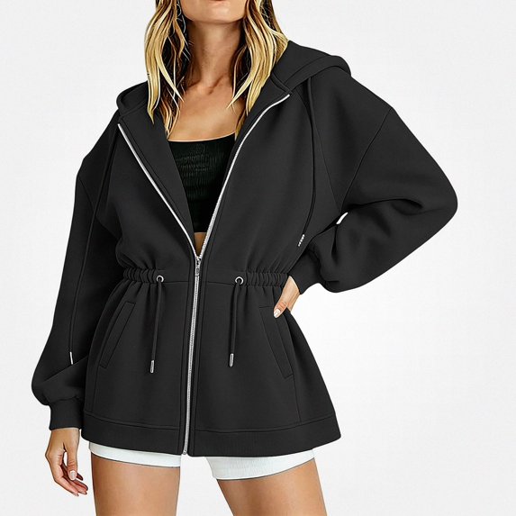 DJDLJWCJ Women Zip Up Hoodies Fleece Lined Loose Fit Long Hoodie Sweatshirt Drawstring Solid Color Hooded Jackets Black Size XL