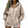 thumbnail image 1 of DJDLJWCJ Women Zip Up Hoodies Fleece Lined Loose Fit Long Hoodie Sweatshirt Drawstring Solid Color Hooded Jackets Khaki Size M, 1 of 7
