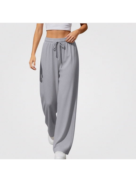 Women's Fashion Wide Leg Pants Elastic Waist Solid Relaxed Fit Straight Baggy Pants for Daily Wear Gray Size XXS