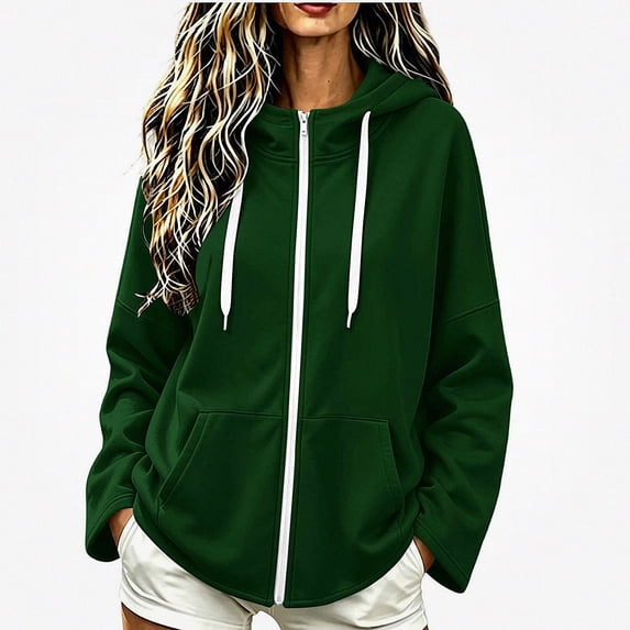 DJDLJWCJ Women's Full Zip Hoodies Loose Fit Long Sleeve Hoodie Sweatshirts Solid Color Lightweight Hooded Jacket Army Green Size S