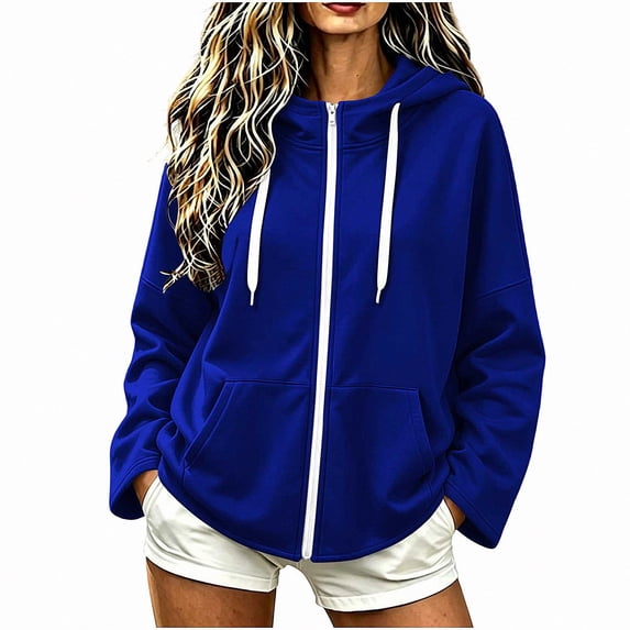DJDLJWCJ Women's Full Zip Hoodies Loose Fit Long Sleeve Hoodie Sweatshirts Solid Color Lightweight Hooded Jacket Blue Size M