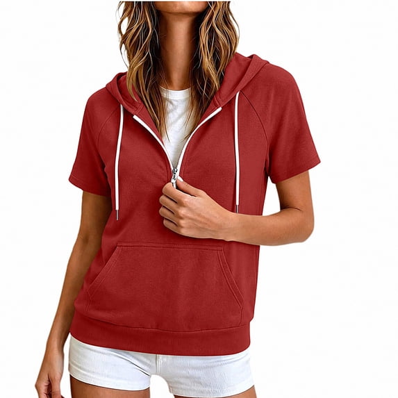 DJDLJWCJ Women's Full Zip Up Hoodie Plus Size Long Hoodies Sweatshirts Solid Color Short Sleeve Tops Red Size L
