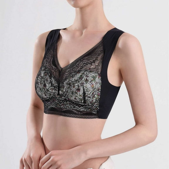 DJDLJWCJ Women's Plus Size Bra Lace Thin Lightweight Breathable Solid Casual Wide Strap, Black 2XL