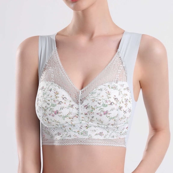 DJDLJWCJ Women's Plus Size Bra Lace Thin Lightweight Breathable Solid Casual Wide Strap, Light Blue 2XL